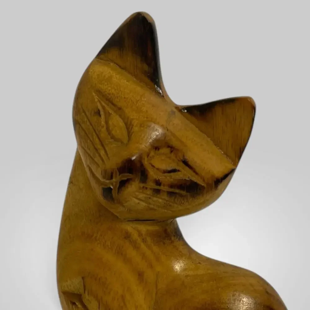 Vintage Small Hand Carved Wood Cat Figurine Folk Art Siamese Kitty